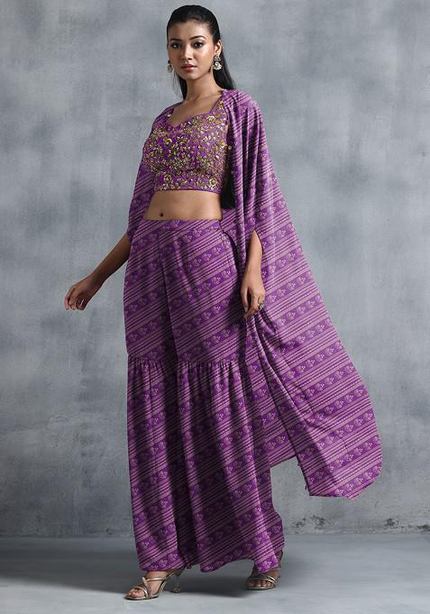 Purple Jacket Set With Sequin Hand Embroidered Blouse And Sharara