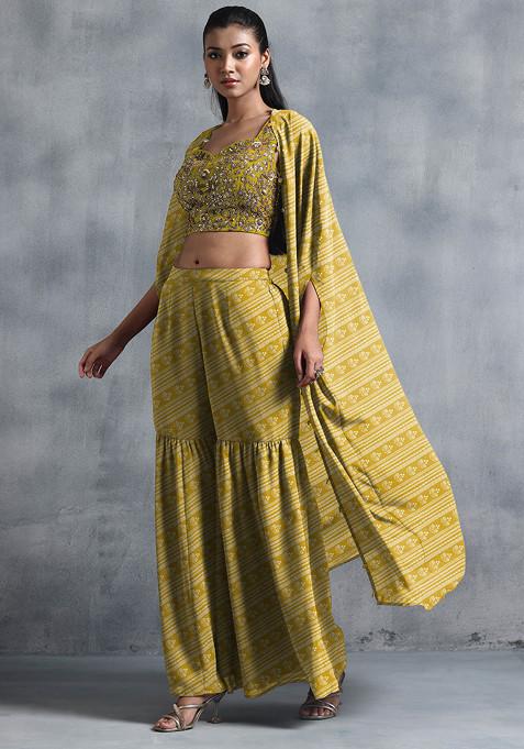 Yellow Jacket Set With Sequin Hand Embroidered Blouse And Sharara