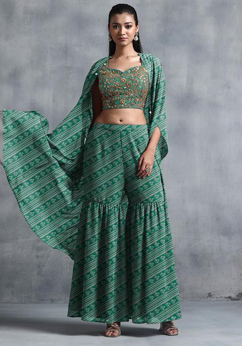 Green Jacket Set With Sequin Hand Embroidered Blouse And Sharara