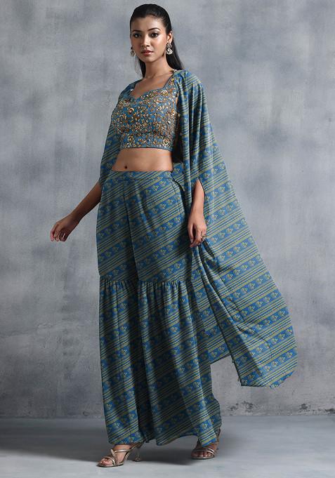 Blue Jacket Set With Hand Embroidered Blouse And Sharara