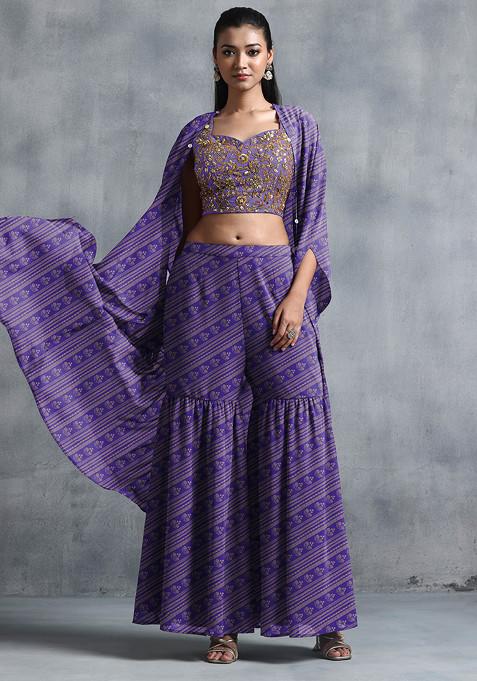 Purple Jacket Set With Hand Embroidered Blouse And Sharara