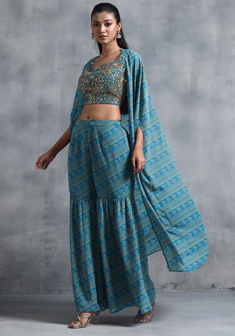 Blue Jacket Set With Sequin Hand Embroidered Blouse And Sharara