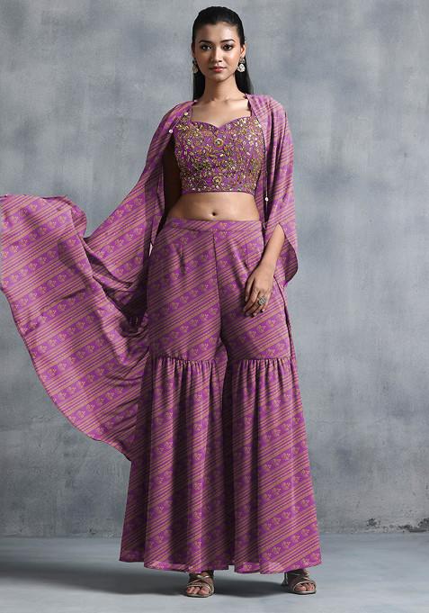 Deep Purple Jacket Set With Sequin Hand Embroidered Blouse And Sharara