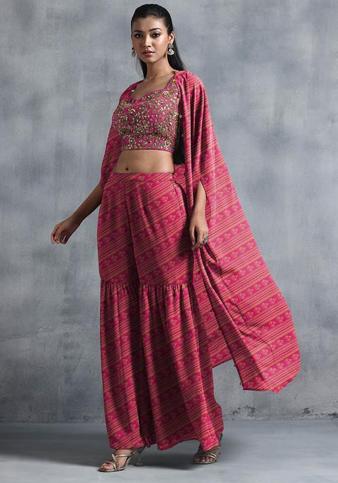 Pink Jacket Set With Sequin Hand Embroidered Blouse And Sharara