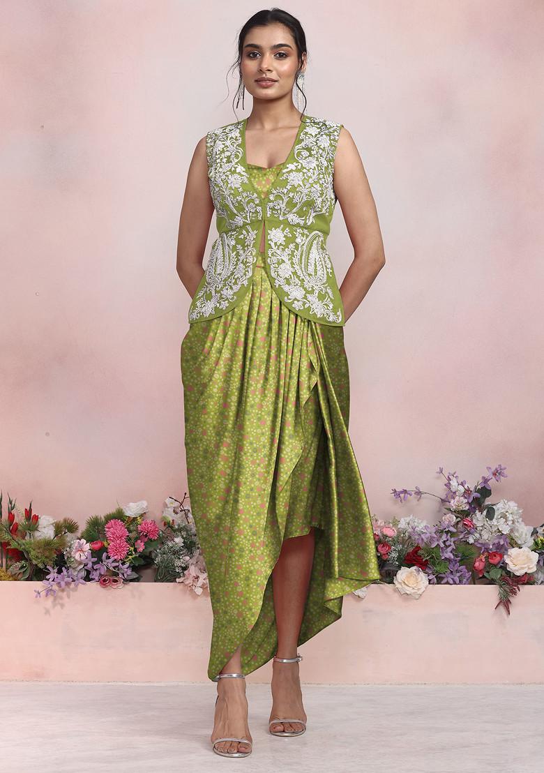 Green Sequin Hand Embroidered Jacket Set With Satin Blouse And Skirt