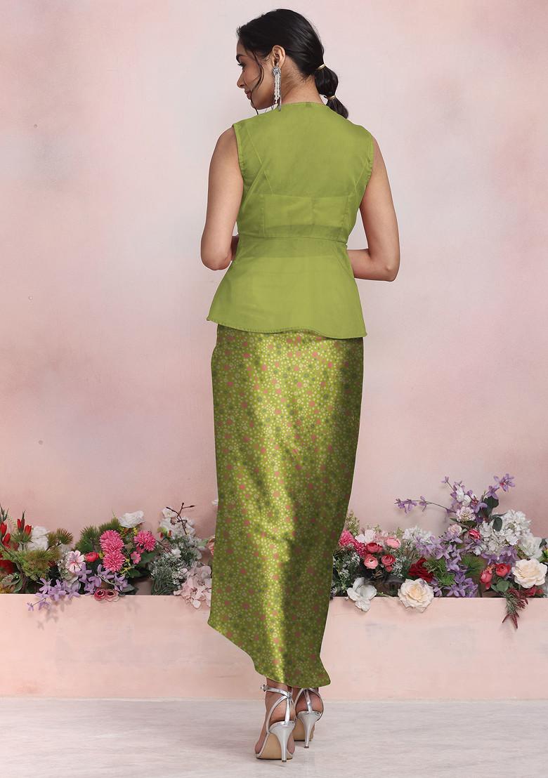 Green Sequin Hand Embroidered Jacket Set With Satin Blouse And Skirt