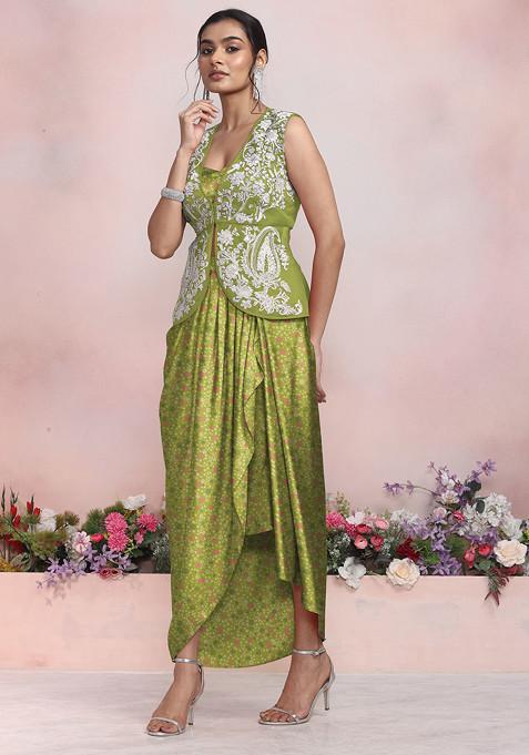 Green Sequin Hand Embroidered Jacket Set With Satin Blouse And Skirt