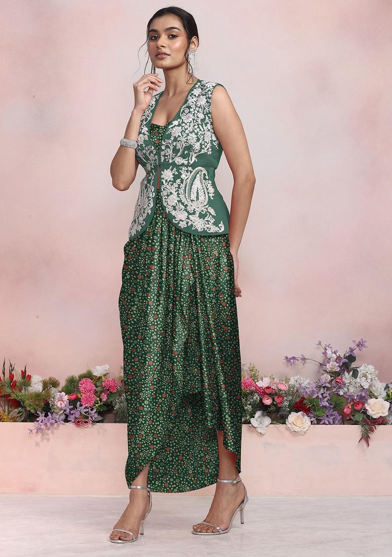 Green Sequin Pearl Hand Embroidered Jacket Set With Satin Blouse And Skirt