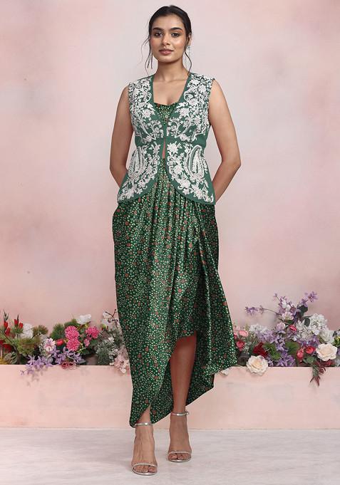 Green Sequin Pearl Hand Embroidered Jacket Set With Satin Blouse And Skirt