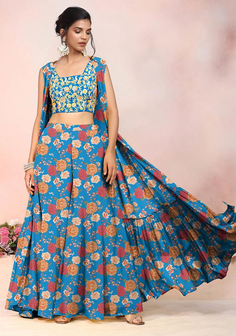 Blue Jacket Set With Multicolour Hand Embroidered Blouse And Palazzo