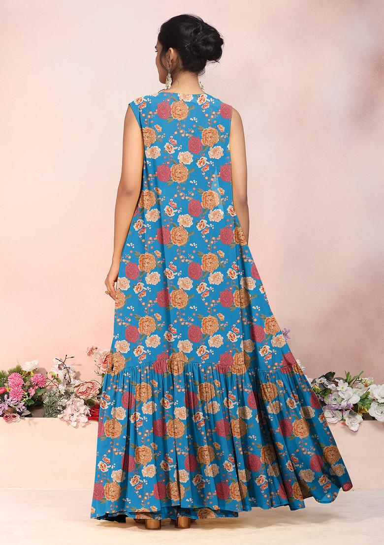 Blue Jacket Set With Multicolour Hand Embroidered Blouse And Palazzo