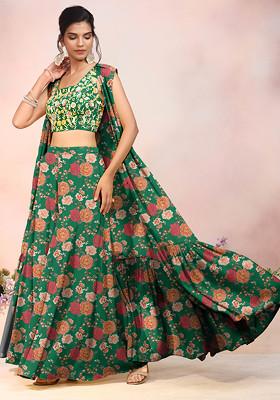 Dark Green Jacket Set With Multicolour Hand Embroidered Blouse And Palazzo