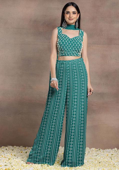 Sea Green Palazzo Set With Hand Embroidered Blouse And Choker Dupatta