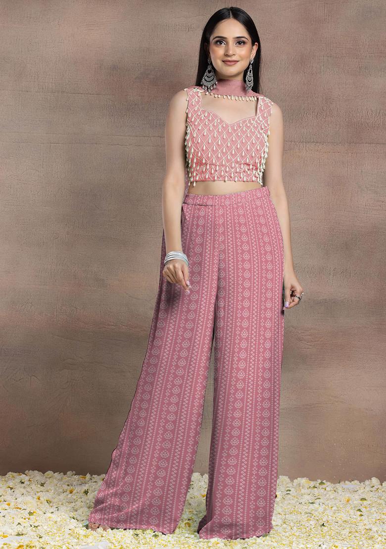 Peach Palazzo Set With Hand Embroidered Blouse And Choker Dupatta