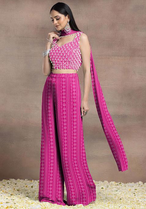 Pink Palazzo Set With Hand Embroidered Blouse And Choker Dupatta