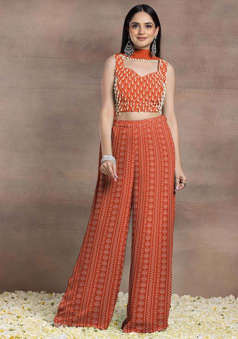 Orange Palazzo Set With Hand Embroidered Blouse And Choker Dupatta