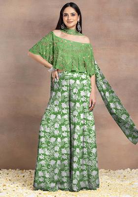 Green Sharara Set With Floral Hand Embroidered Blouse And Choker Dupatta
