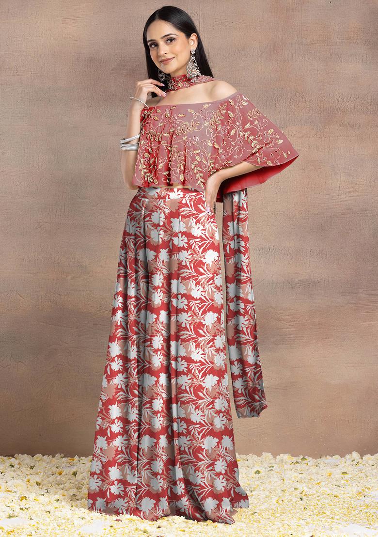 Red Sharara Set With Floral Hand Embroidered Blouse And Choker Dupatta