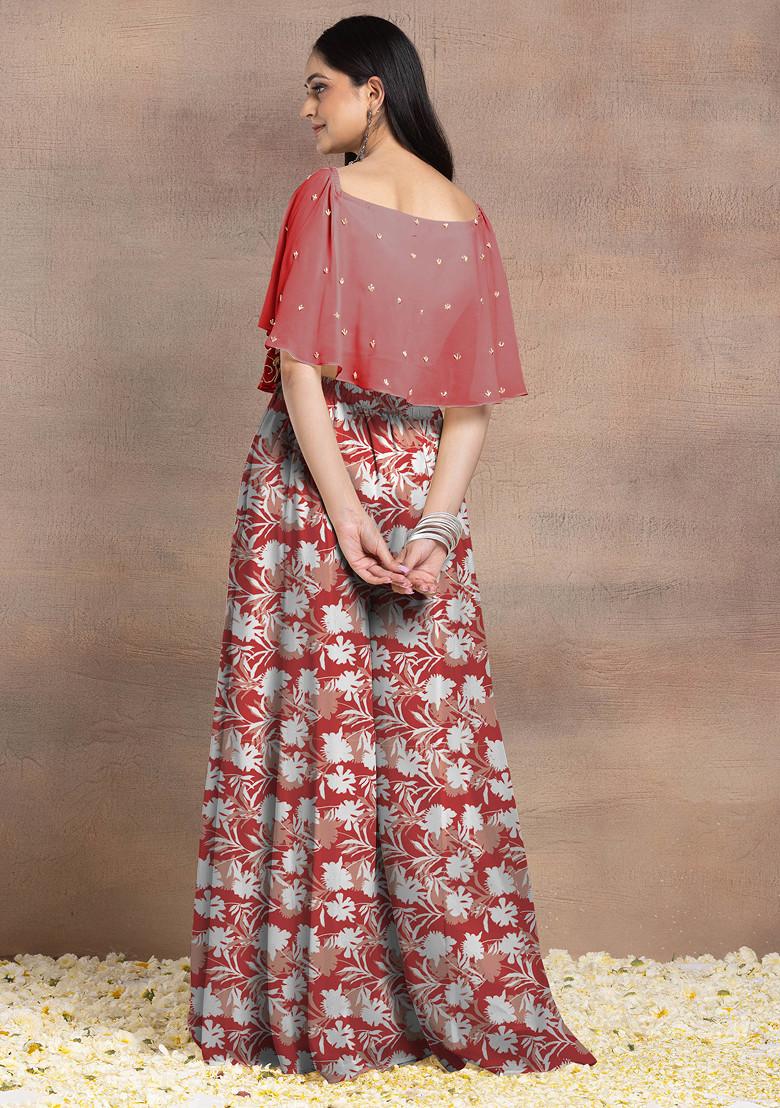 Red Sharara Set With Floral Hand Embroidered Blouse And Choker Dupatta