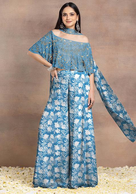 Blue Sharara Set With Floral Hand Embroidered Blouse And Choker Dupatta