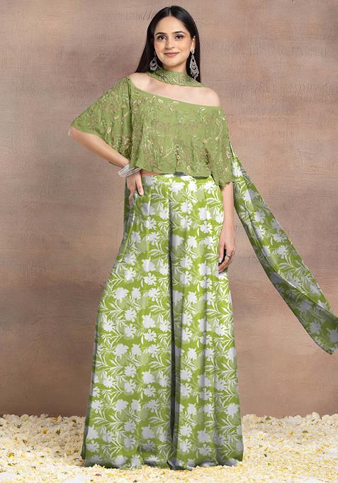 Lime Green Sharara Set With Floral Hand Embroidered Blouse And Choker Dupatta