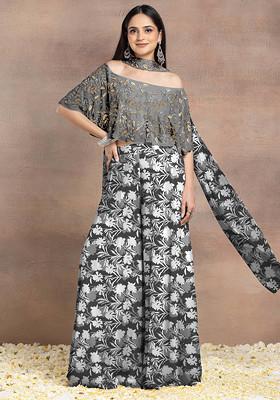 Black Sharara Set With Floral Hand Embroidered Blouse And Choker Dupatta