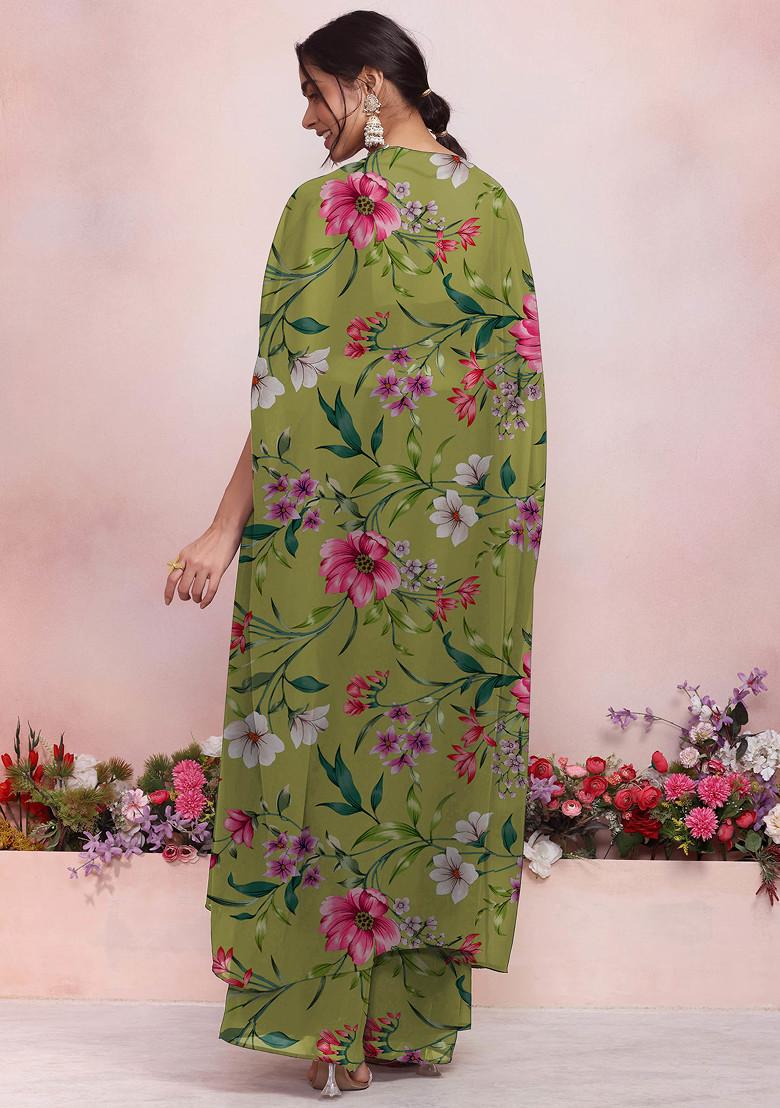 Green Jacket Set With Floral Hand Embroidered Blouse And Palazzo