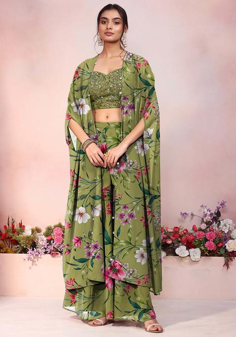 Green Jacket Set With Floral Hand Embroidered Blouse And Palazzo