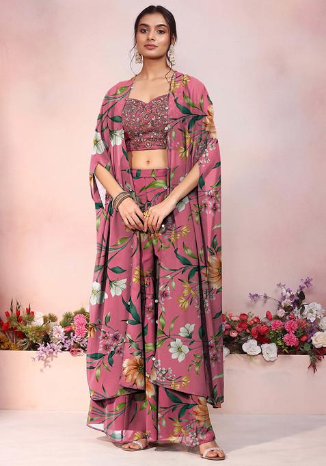 Pink Jacket Set With Floral Hand Embroidered Blouse And Palazzo