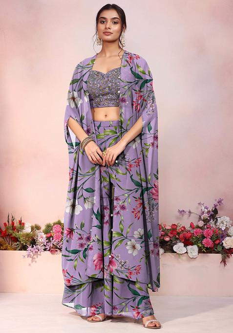 Purple Jacket Set With Floral Hand Embroidered Blouse And Palazzo