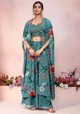 Blue Jacket Set With Floral Hand Embroidered Blouse And Palazzo