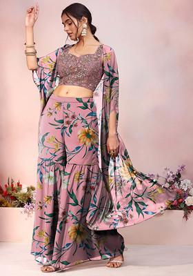 Light Pink Jacket Set With Floral Hand Embroidered Blouse And Palazzo