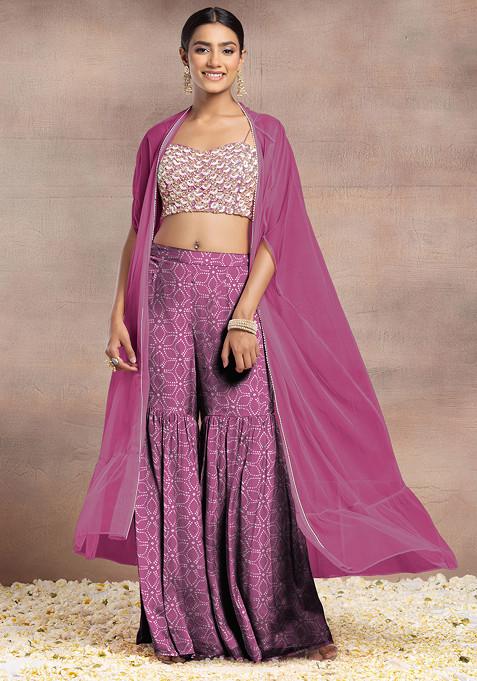 Pink Sharara Set With Pearl Sequin Hand Embroidered Blouse And Mesh Jacket