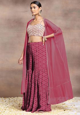 Maroon Sharara Set With Pearl Sequin Hand Embroidered Blouse And Mesh Jacket