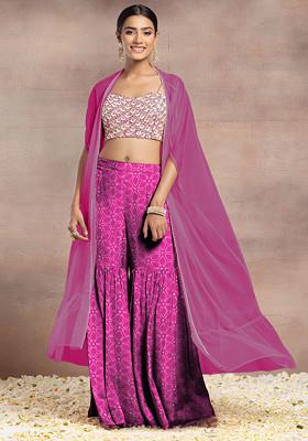 Pink Sharara Set With Sequin Hand Embroidered Blouse And Mesh Jacket