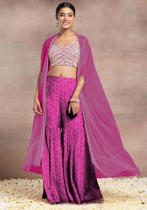 Pink Sharara Set With Sequin Hand Embroidered Blouse And Mesh Jacket