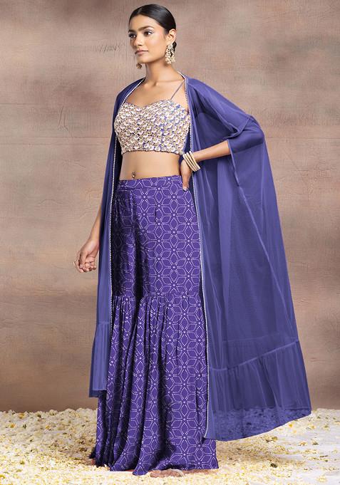 Purple Sharara Set With Pearl Sequin Hand Embroidered Blouse And Mesh Jacket