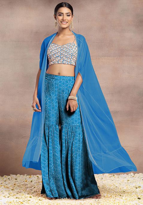 Blue Sharara Set With Pearl Sequin Hand Embroidered Blouse And Mesh Jacket