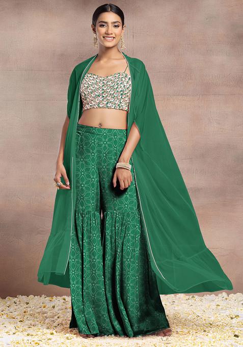 Green Sharara Set With Sequin Hand Embroidered Blouse And Mesh Jacket