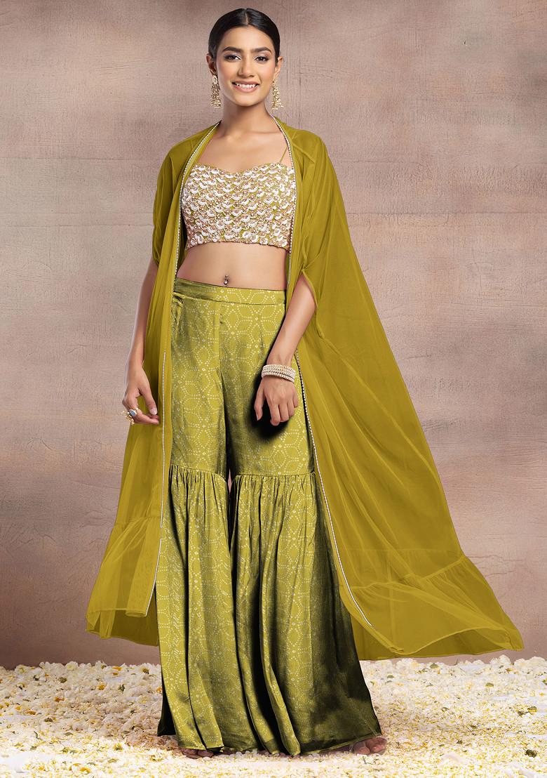 Green Sharara Set With Pearl Sequin Hand Embroidered Blouse And Mesh Jacket