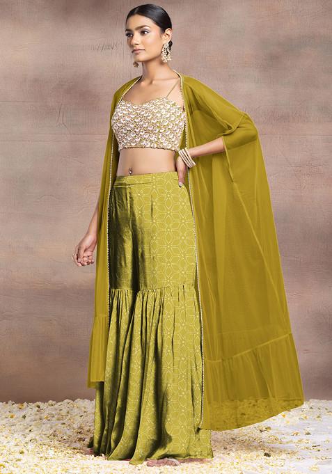 Green Sharara Set With Pearl Sequin Hand Embroidered Blouse And Mesh Jacket