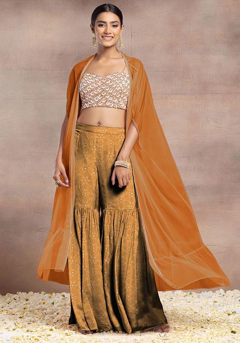 Orange Sharara Set With Pearl Sequin Hand Embroidered Blouse And Mesh Jacket