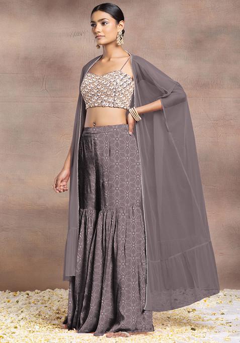 Grey Sharara Set With Pearl Sequin Hand Embroidered Blouse And Mesh Jacket