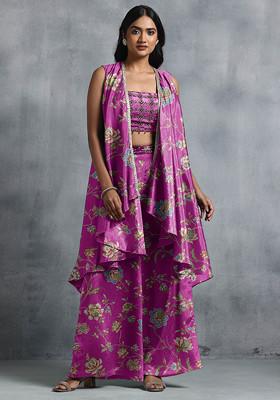 Pink Jacket Set With Sequin Hand Embroidered Blouse And Palazzo