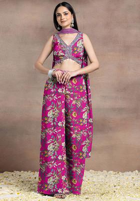 Pink Palazzo Set With Sequin Hand Embroidered Blouse And Choker Dupatta