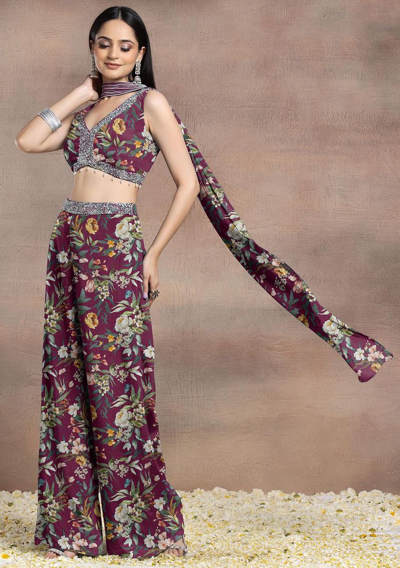 Maroon Palazzo Set With Sequin Hand Embroidered Blouse And Choker Dupatta