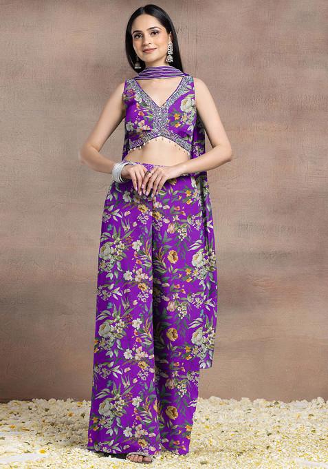 Purple Palazzo Set With Sequin Hand Embroidered Blouse And Choker Dupatta