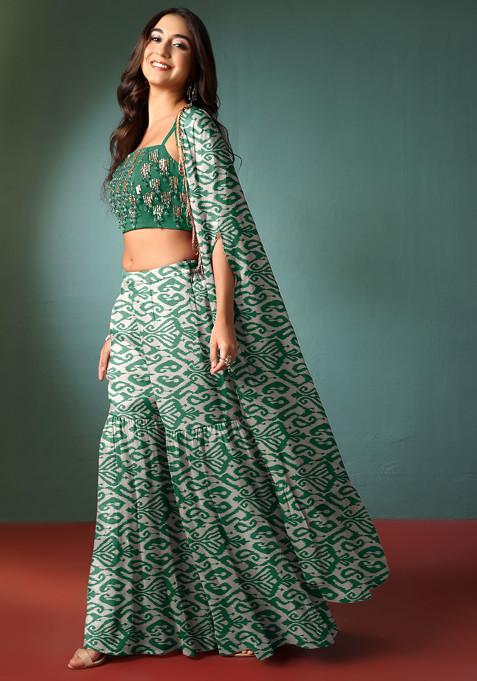 Green Sharara Set With Hand Embellished Blouse And Jacket