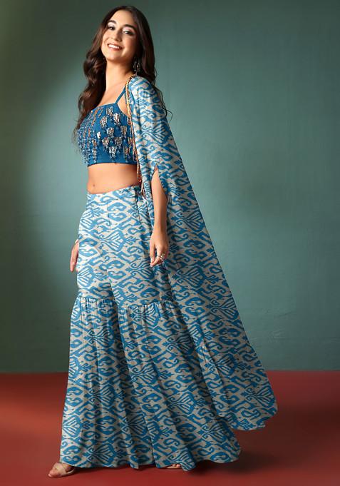 Light Blue Sharara Set With Hand Embellished Blouse And Jacket