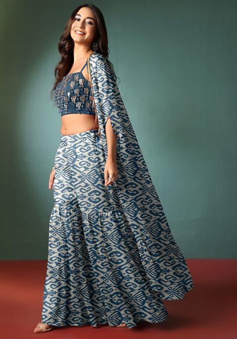 Blue Sharara Set With Hand Embellished Blouse And Jacket